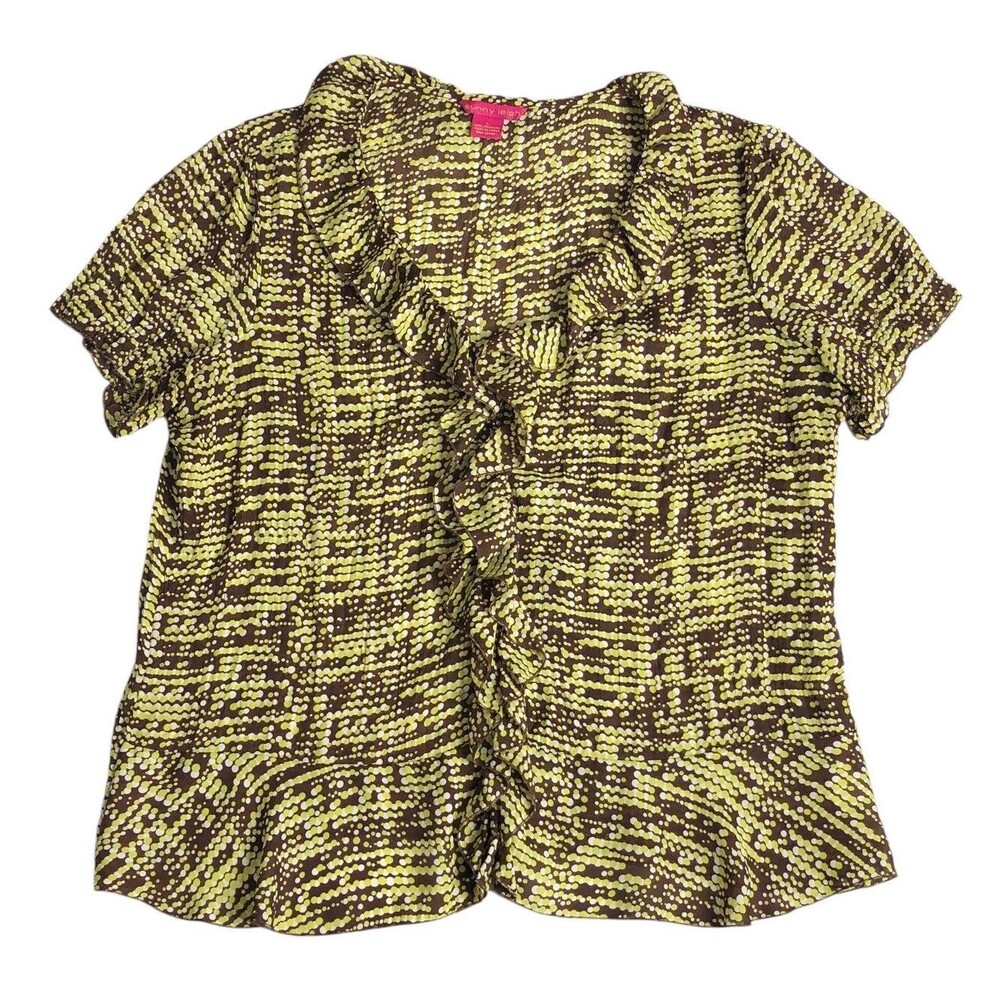Sunny Leigh Top Womens Large Brown Green‎ Dot Ruffle Button Up Retro Semi Sheer